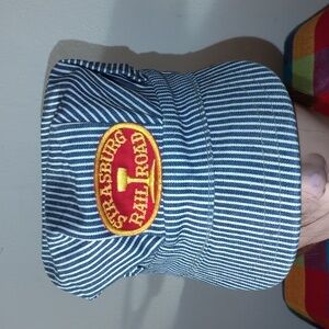 Vtg Strasburg Engineer Railroad Conductor Hat Hickory Striped Blue